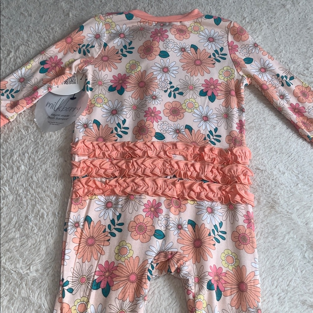NWT Milkberry Orange Floral Footie Set 0-3M Bamboo w/ Headband - Picture 8 of 8